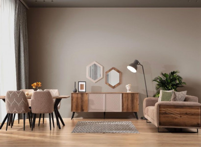 Modern dining room furniture beige 3-seater dining table luxury 4x chairs mirror